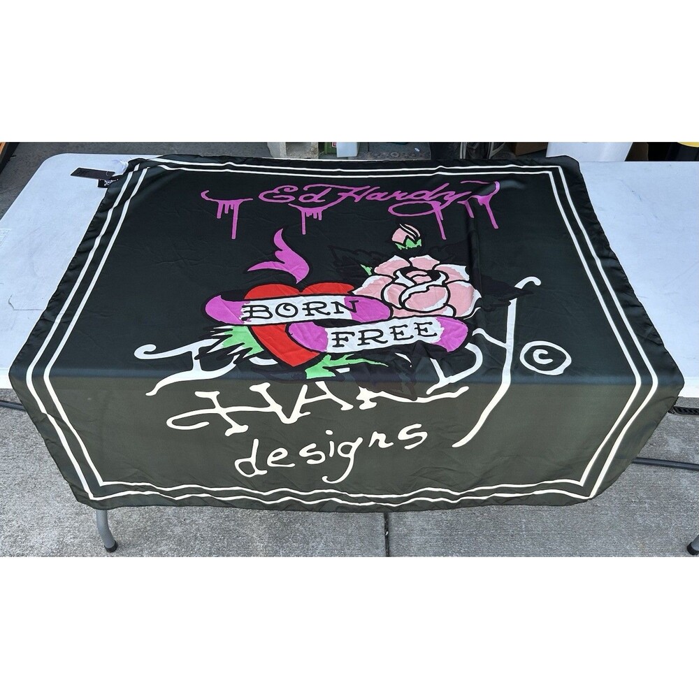Ed Hardy Born Free Heart Rose Black Square Scarf Wrap Shawl OS NWT